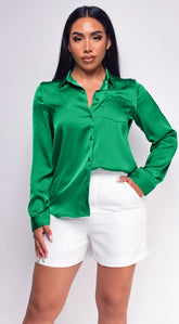Braylee Satin Button Down Blouse Top - Kelly Green